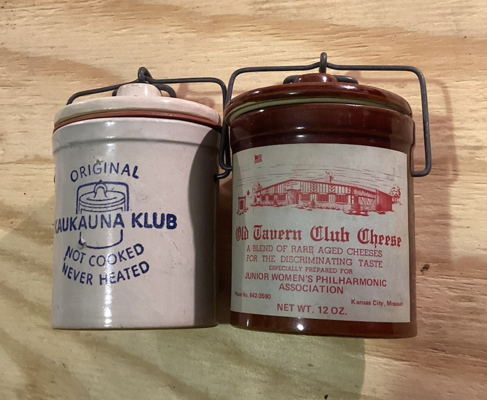 Vintage 2 Pairs Kaukauna Klub Stoneware Cheese & Old Tavern Cheese Crocks